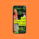 Happy Happy Houseplant Fall Plant Care Guide free digital download, phone screen showing a laughing woman in a red and white striped tank top watering plants near large monstera leaves, on an orange background.