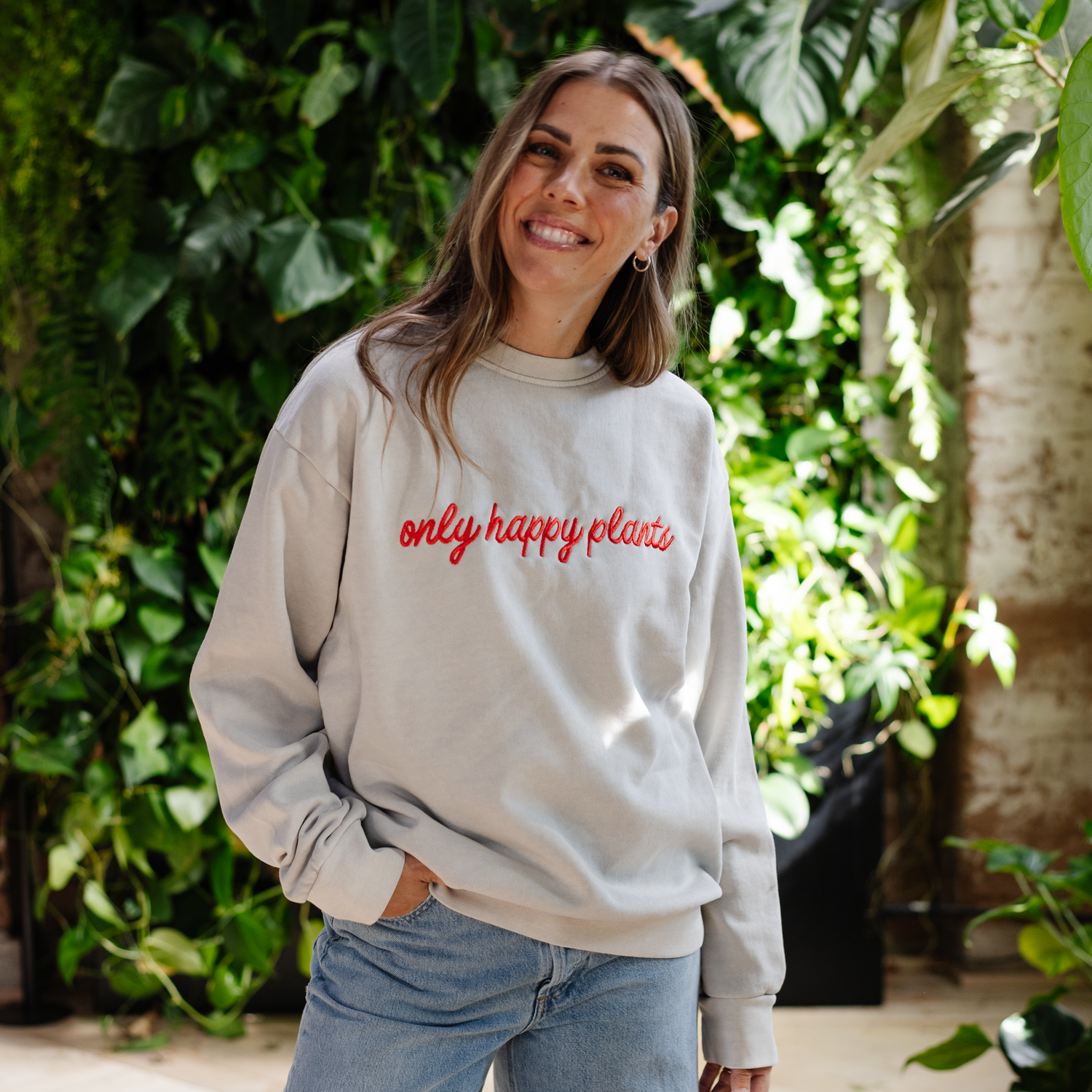 Only Happy Plants Embroidered Crew in Fog