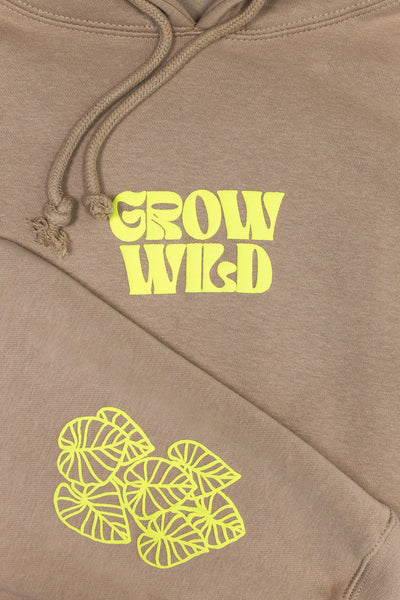 Grow Wild Puff Print Hoodie in Mushroom + Fluorescent Yellow - Happy Happy Houseplant