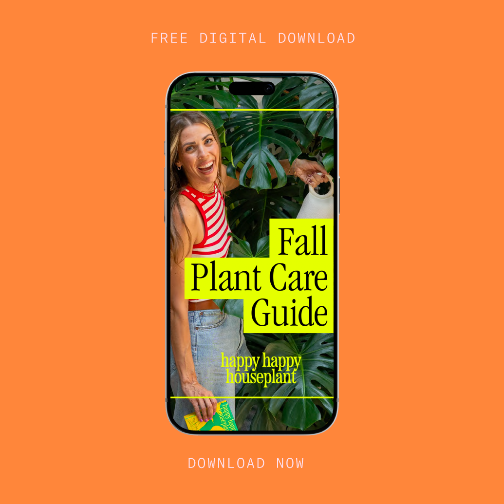 Happy Happy Houseplant Fall Plant Care Guide free digital download, phone screen showing a laughing woman in a red and white striped tank top watering plants near large monstera leaves, on an orange background.