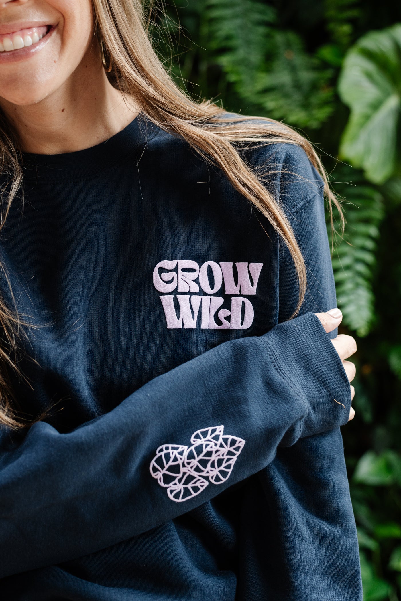 Grow Wild Puff Print Crew Sweatshirt in Navy + Lilac