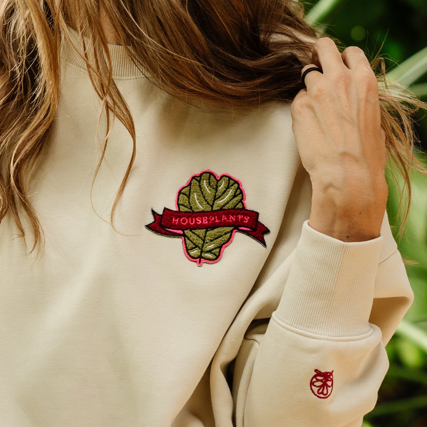 Varsity Houseplants Crew Neck Sweatshirt in Bone