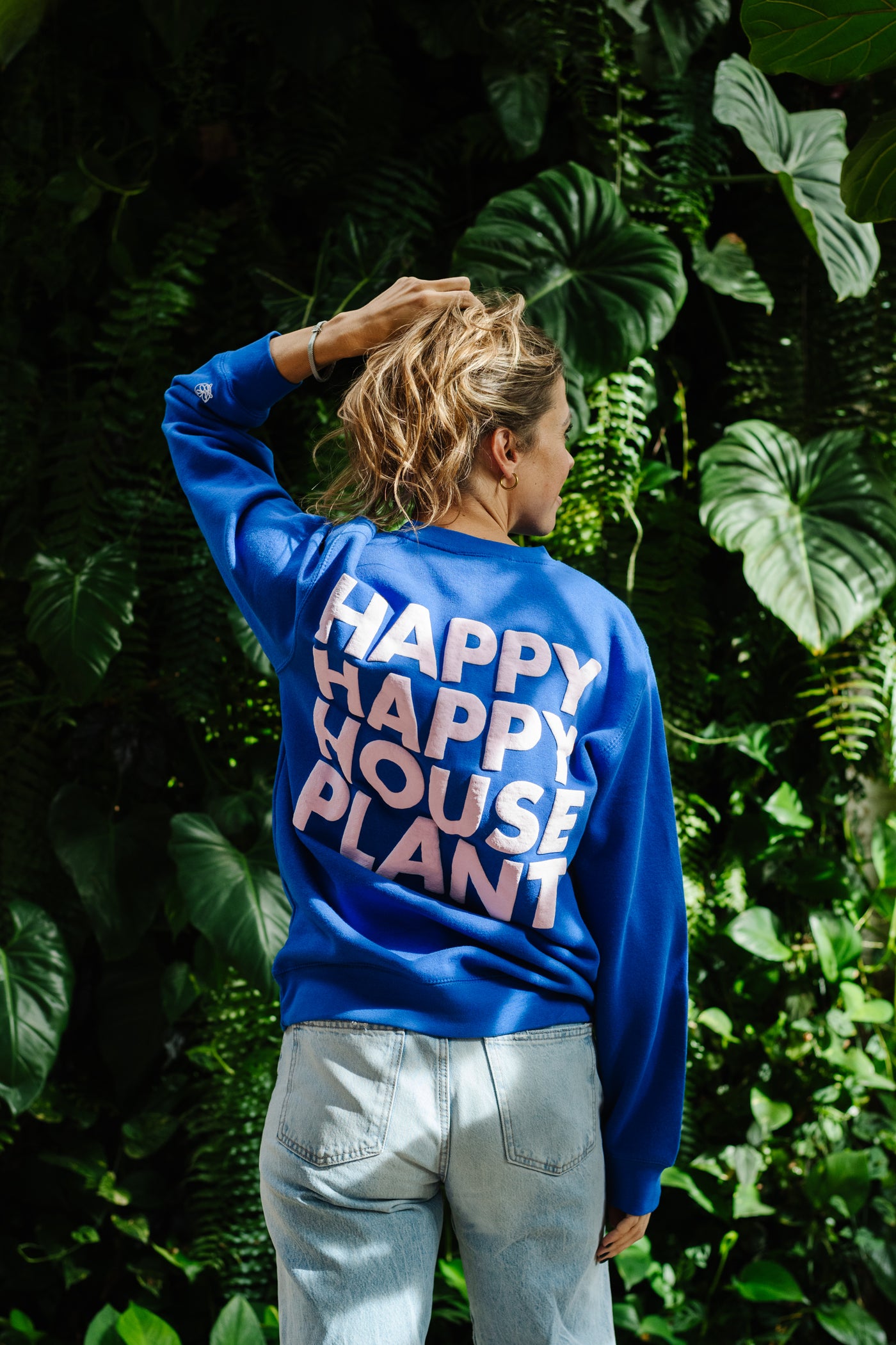 Happy Happy Houseplant Puff Print Crew Sweatshirt in Electric Blue + Baby Pink