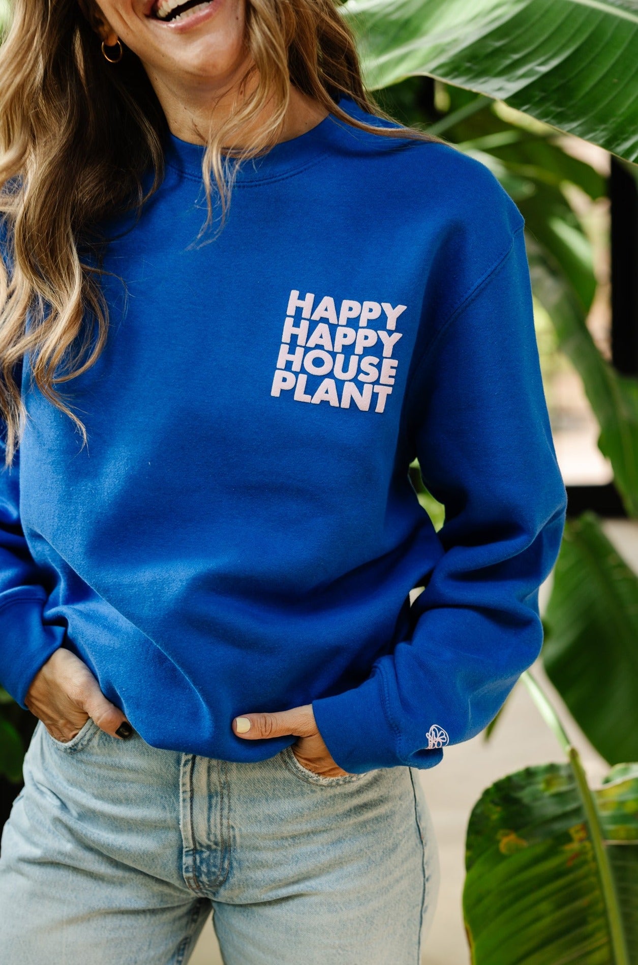 Happy Happy Houseplant Puff Print Crew Sweatshirt in Electric Blue + Baby Pink